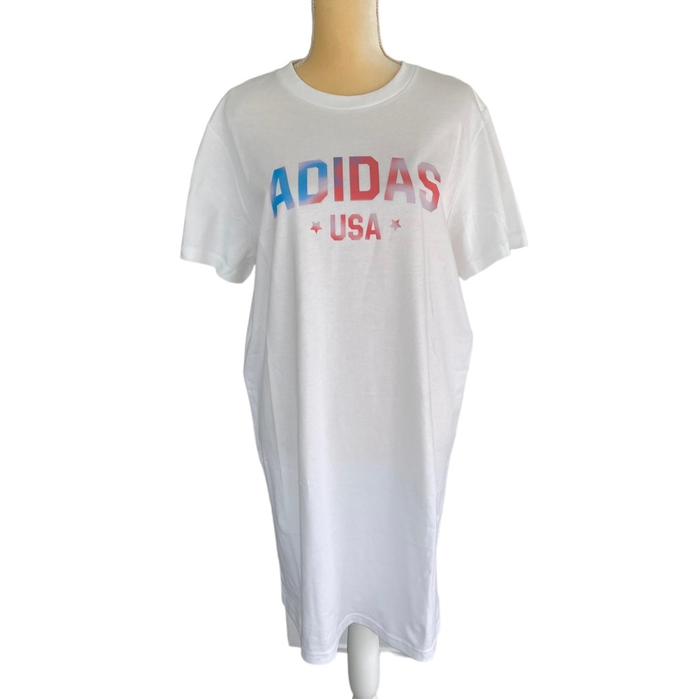 ADIDAS Women’s White Cotton T-Shirt Dress with Multi Color Logo  Size: M